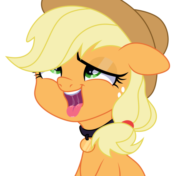 Size: 5500x5500 | Tagged: suggestive, artist:c1trine, artist:spring_moon, derpibooru import, applejack, earth pony, pony, ahegao, applejack's hat, base used, bedroom eyes, collar, commission, cowboy hat, drool, drool string, female, femsub, freckles, hat, image, mare, open mouth, pet play, pet tag, png, simple background, solo, solo female, submissive, tongue out, transparent background, ych result