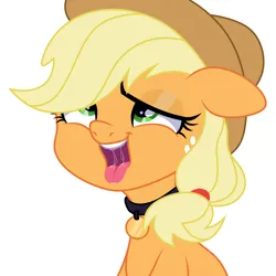 Size: 5500x5500 | Tagged: suggestive, alternate version, artist:c1trine, artist:spring_moon, derpibooru import, applejack, earth pony, pony, ahegao, applejack's hat, base used, bedroom eyes, collar, commission, cowboy hat, derpibooru exclusive, drool, drool string, female, femsub, freckles, hat, image, mare, open mouth, pet play, pet tag, png, simple background, solo, solo female, submissive, tongue out, white background, ych result