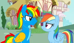 Size: 3168x1859 | Tagged: safe, artist:shieldwingarmorofgod, derpibooru import, rainbow dash, oc, oc:shield wing, alicorn, pegasus, pony, female, g4, image, male, png, ponyville