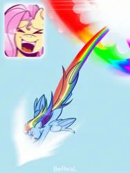 Size: 1620x2160 | Tagged: safe, artist:zombeedog, derpibooru import, fluttershy, rainbow dash, pegasus, pony, sonic rainboom (episode), bereal., crying, duo, duo female, excited, eyes closed, female, flutterdash, flying, g4, happy, image, jpeg, lesbian, mare, meme, open mouth, open smile, outdoors, picture-in-picture, scene interpretation, screaming fan meme, shipping, smiling, sonic rainboom, spread wings, tail, tears of joy, wings