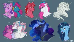 Size: 1920x1080 | Tagged: safe, artist:solkatt, derpibooru import, galaxy (g1), princess luna, princess silver swirl, skywishes, star catcher, sweetheart, twilight (g1), alicorn, earth pony, pegasus, pony, twinkle eyed pony, unicorn, g1, g2, g3, g5, my little pony 'n friends, my little pony tales, rescue at midnight castle, :o, blaze (coat marking), blue background, bow, bow tie (g1), coat markings, colored horn, curved horn, facial markings, female, forehead kiss, g4, gradient ears, gradient horn, hair bow, horn, image, jpeg, kissing, lesbian, mare, misty brightdawn, open mouth, ship:skycatcher, shipping, simple background