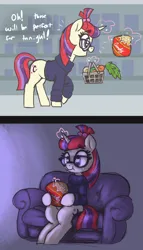 Size: 1320x2310 | Tagged: safe, artist:t72b, derpibooru import, moondancer, pony, unicorn, basket, before and after, candy, carrot, clothes, couch, crying, eating, female, food, hoof hold, horn, image, lonely, magic, mare, png, sitting, solo, store, sweater, teary eyes
