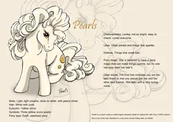 Size: 842x595 | Tagged: safe, artist:solkatt, derpibooru import, oc, oc:pearls, unofficial characters only, earth pony, pony, comic:falling stars, g1, female, g1 oc, gray background, image, jpeg, light gray background, looking at you, mare, pearlized pony, reference sheet, simple background, sitting, solo, turned head, zoom layer