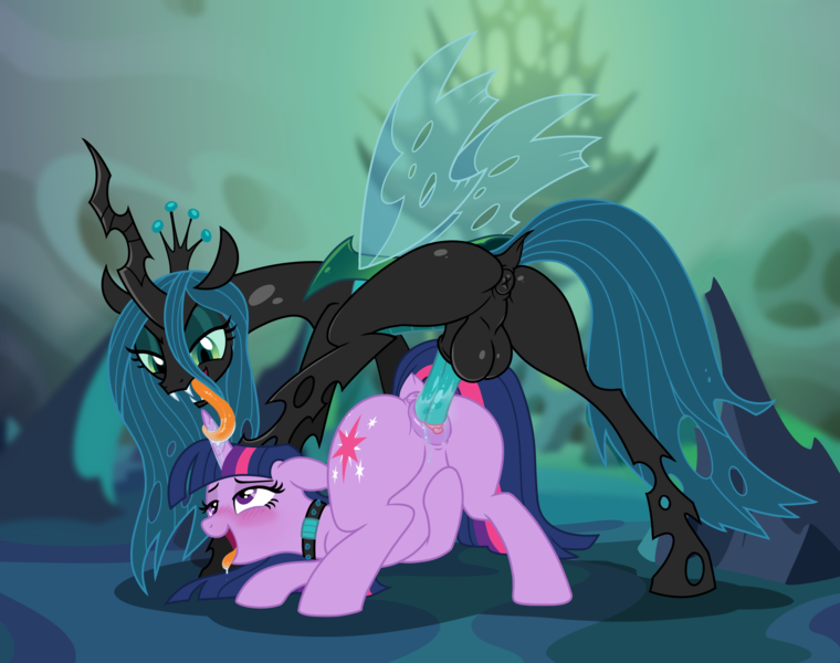 Size: 2707x2136 | Tagged: explicit, artist:pinfeather, derpibooru import, queen chrysalis, twilight sparkle, changeling, changeling queen, pony, unicorn, ahegao, anatomically correct, anus, ass up, balls, blurry background, blushing, butt, changeling hive, chrysdom, clitoris, collar, derpibooru exclusive, dickgirl, dock, domination, drool, duo, eyes rolling back, female, femsub, futa, futa on female, futa queen chrysalis, g4, hoof on head, horn, horn licking, hornjob, horsecock, image, intersex, lesbian, licking, long tongue, nudity, open mouth, penetration, penis, plot, png, ponut, sex, shipping, submissive, tail, taint, teeth, tongue out, twisalis, twisub, unicorn twilight, vaginal, vaginal secretions, vulva, vulvar winking