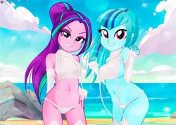 Size: 1350x962 | Tagged: suggestive, artist:charliexe, derpibooru import, aria blaze, sonata dusk, equestria girls, alternate hairstyle, backless, beach, belly button, breasts, clothes, cloud, cute, duo focus, evening gloves, female, females only, g4, gloves, grin, image, impractical clothing, jpeg, long gloves, ocean, open-back sweater, panties, ponytail, rock, sand, sleeveless, sleeveless sweater, smiling, socks, sonatabetes, stockings, sweater, thigh highs, underwear, virgin destroyer sweater, virgin killer sweater, water, white underwear