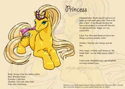 Size: 842x595 | Tagged: safe, artist:solkatt, derpibooru import, oc, oc:princess, unofficial characters only, earth pony, pony, comic:falling stars, g1, bow, female, g1 oc, image, jewelry, jpeg, lying down, mare, prone, reference sheet, simple background, solo, tail, tail bow, tan background, tiara, zoom layer