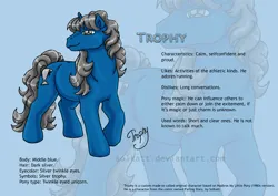 Size: 842x595 | Tagged: safe, artist:solkatt, derpibooru import, oc, oc:trophy, unofficial characters only, pony, twinkle eyed pony, unicorn, comic:falling stars, g1, g1 oc, horn, image, jpeg, light blue background, male, raised hoof, reference sheet, simple background, stallion, standing, zoom layer
