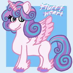 Size: 1200x1200 | Tagged: safe, artist:mintwhistle, derpibooru import, princess flurry heart, alicorn, pony, alicorn horn, alicorn wings, colored hooves, colored wings, feathered fetlocks, female, g4, gradient mane, gradient tail, horn, image, large wings, light blue background, looking back, mare, medibang paint, missing cutie mark, multicolored mane, multicolored tail, multicolored wings, older, older flurry heart, passepartout, png, simple background, smiling, solo, spread wings, tail, unshorn fetlocks, wings
