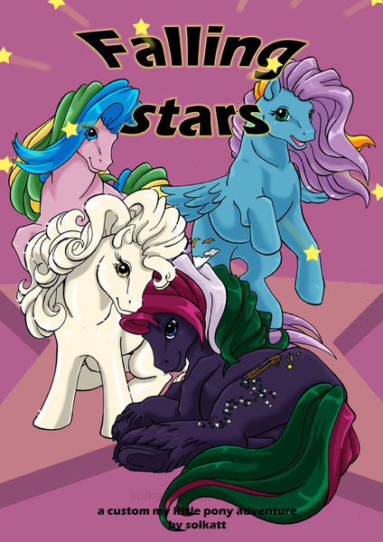 Size: 595x842 | Tagged: safe, artist:solkatt, derpibooru import, oc, oc:drink the dew, oc:let's cross the sky together, oc:make a wish "maw", oc:pearls, unofficial characters only, earth pony, pegasus, pony, comic:falling stars, 2010, comic cover, female, flying, group, image, jpeg, looking at you, lying down, male, mare, pearlized pony, pink background, quartet, side, simple background, sitting, stallion, stars, underhoof, unshorn fetlocks