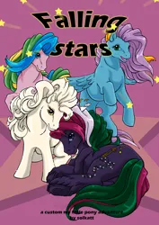 Size: 595x842 | Tagged: safe, artist:solkatt, derpibooru import, oc, oc:drink the dew, oc:let's cross the sky together, oc:make a wish "maw", oc:pearls, unofficial characters only, earth pony, pegasus, pony, comic:falling stars, 2010, comic cover, female, flying, group, image, jpeg, looking at you, lying down, male, mare, pearlized pony, pink background, quartet, side, simple background, sitting, stallion, stars, underhoof, unshorn fetlocks