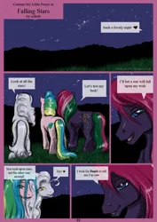 Size: 827x1170 | Tagged: safe, artist:solkatt, derpibooru import, oc, oc:drink the dew, oc:make a wish "maw", oc:pearls, unofficial characters only, pony, comic:falling stars, g1, comic, dialogue, female, g1 oc, heart, image, jpeg, male, mare, night, night sky, oc x oc, open mouth, open smile, shipping, sky, smiling, speech bubble, stallion, standing, straight, talking