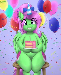 Size: 3496x4272 | Tagged: safe, artist:an-tonio, derpibooru import, oc, oc:zippy sparkz, unofficial characters only, pegasus, cake, food, happy birthday, image, png, sitting, smiling, solo, stool