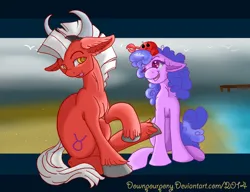 Size: 1300x1000 | Tagged: safe, artist:downpourpony, derpibooru import, crab, earth pony, pony, cancer (g4), cancer (horoscope), duo, duo male and female, fake horns, female, g4, image, male, mare, png, ponyscopes, shipping, stallion, straight, taurus, taurus (g4)