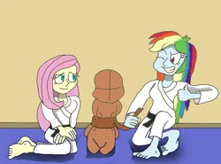 Size: 828x612 | Tagged: safe, derpibooru import, fluttershy, rainbow dash, human, equestria girls, barefoot, clothes, dojo, duo, feet, female, g4, gi, hojojutsu, image, martial arts, png, submissive, tied up