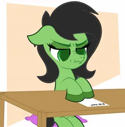 Size: 1391x1414 | Tagged: safe, artist:scandianon, derpibooru import, oc, oc:anonfilly, unofficial characters only, pony, annoyed, female, filly, foal, furrowed brow, image, indoors, jpeg, lidded eyes, looking down, nose wrinkle, scrunchy face, sitting, table, taxes