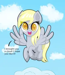 Size: 1300x1500 | Tagged: safe, artist:scandianon, derpibooru import, derpy hooves, pegasus, pony, cloud, cross-eyed, female, flying, happy, image, jpeg, looking at you, mare, open mouth, open smile, present, sky, smiling, spread wings, talking to viewer, wings