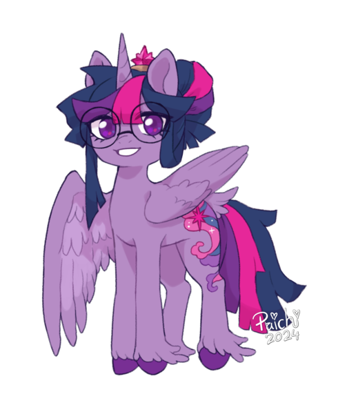 Size: 1277x1524 | Tagged: safe, artist:paichitaron, derpibooru import, twilight sparkle, twilight sparkle (alicorn), alicorn, pony, alternate cutie mark, alternate hairstyle, crown, female, glasses, grin, high res, image, jewelry, looking at you, mare, one wing out, png, regalia, round glasses, signature, simple background, smiling, smiling at you, solo, tail, tail feathers, transparent background, unshorn fetlocks, wings