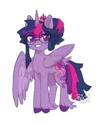 Size: 1277x1524 | Tagged: safe, artist:paichitaron, derpibooru import, twilight sparkle, twilight sparkle (alicorn), alicorn, pony, alternate cutie mark, alternate hairstyle, crown, female, glasses, grin, high res, image, jewelry, looking at you, mare, one wing out, png, regalia, round glasses, signature, simple background, smiling, smiling at you, solo, tail, tail feathers, transparent background, unshorn fetlocks, wings