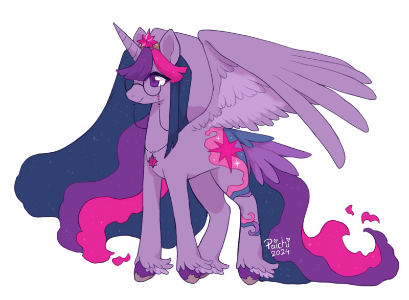 Size: 2717x1992 | Tagged: safe, artist:paichitaron, derpibooru import, princess twilight 2.0, twilight sparkle, twilight sparkle (alicorn), alicorn, pony, the last problem, alternate design, female, glasses, high res, image, jewelry, large wings, mare, necklace, older, older twilight, older twilight sparkle (alicorn), partially open wings, png, round glasses, simple background, solo, tail, tail feathers, transparent background, unshorn fetlocks, wings