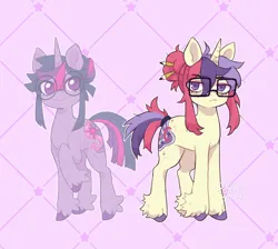 Size: 1774x1589 | Tagged: safe, artist:paichitaron, derpibooru import, moondancer, twilight sparkle, pony, unicorn, alternate design, female, frown, glasses, hair bun, horn, image, mare, messy mane, patterned background, pencil in hair, png, purple background, round glasses, signature, simple background, solo, unicorn twilight, unshorn fetlocks