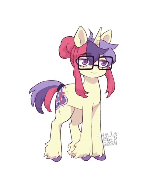 Size: 1404x1592 | Tagged: safe, alternate version, artist:paichitaron, derpibooru import, moondancer, pony, unicorn, female, glasses, hair bun, high res, horn, image, mare, png, signature, simple background, smiling, solo, transparent background, unshorn fetlocks