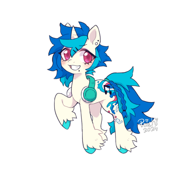 Size: 1660x1485 | Tagged: safe, artist:paichitaron, derpibooru import, vinyl scratch, pony, unicorn, alternate cutie mark, alternate hairstyle, blushing, ear piercing, earring, female, grin, headphones, headphones around neck, horn, image, jewelry, mare, mole, piercing, png, raised hoof, signature, simple background, smiling, solo, transparent background, unshorn fetlocks