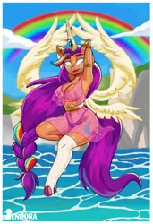 Size: 2662x3902 | Tagged: suggestive, artist:zendora, derpibooru import, sunny starscout, alicorn, anthro, pony, seraph, seraphicorn, unguligrade anthro, g5, angel, arm behind head, armpits, belly button, breasts, busty sunny starscout, cleavage, clothes, eyes do not belong there, female, goddess, high res, image, looking at you, mare, multiple eyes, multiple wings, png, socks, solo, solo female, stockings, thigh highs, toeless legwear, toeless stockings, waifu, wings