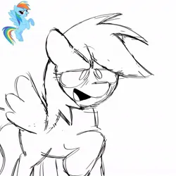 Size: 1080x1080 | Tagged: safe, artist:plum, rainbow dash, pegasus, pony, female, image, jpeg, lidded eyes, mare, missing cutie mark, monochrome, open smile, raised hoof, simple background, sketch, solo, spread wings, tail, white background, wings