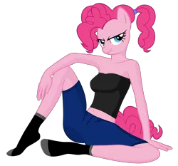 Size: 4840x4518 | Tagged: safe, alternate version, anonymous editor, artist:lexx disaster, derpibooru import, edit, edited edit, pinkie pie, anthro, earth pony, bare shoulders, clothes, denim, denim shorts, g4, image, looking at you, pigtails, png, shorts, simple background, sleeveless, socks, solo, strapless, transparent background, tube top, twintails