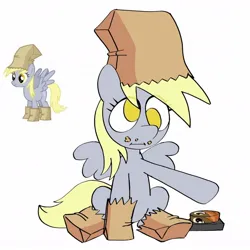 Size: 1080x1080 | Tagged: safe, artist:plum, button mash, derpy hooves, pegasus, pony, button, clothes, costume, derp, female, image, jpeg, mare, nightmare night costume, paper bag, paper bag wizard, simple background, sitting, spread wings, tail, white background, wings