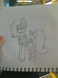Size: 3000x4000 | Tagged: safe, artist:bazza, artist:kenzie, derpibooru import, oc, oc:poisoned apple, unofficial characters only, pony, bow, clothes, female, hoodie, image, jacket, jpeg, lidded eyes, mare, monochrome, sketch, sketchbook, smiling, smirk, socks, solo, tail, tail bow, traditional art