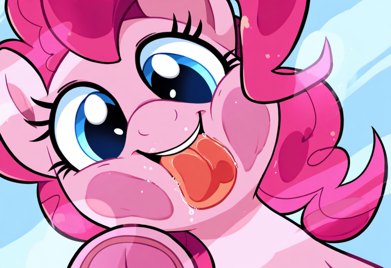 Size: 1216x832 | Tagged: safe, ai content, derpibooru import, machine learning generated, novelai, stable diffusion, pinkie pie, pony, against glass, drool, glass, image, licking, looking at you, png, prompter:hazy skies, raised hoof, solo, squishy cheeks, tongue out