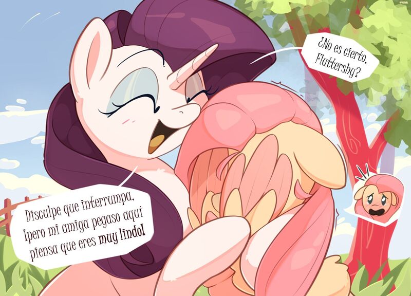 Size: 2000x1441 | Tagged: safe, artist:nookprint, derpibooru import, edit, fluttershy, rarity, pegasus, pony, unicorn, ashamed, blushing, happy face, hidden face, horn, hug, image, jpeg, spanish, speech bubble, talking to viewer, text edit, translation, wing hands, wingmare, wings