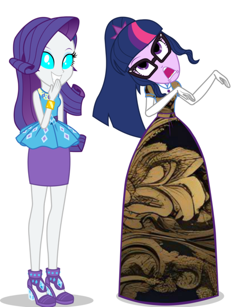 Size: 2690x3538 | Tagged: safe, artist:cartoonmasterv3, derpibooru import, rarity, sci-twi, twilight sparkle, changeling, human, undead, zombie, equestria girls, april fools, april fools 2024, clothes, disguise, disguised changeling, dress, g4, image, infected, long dress, long skirt, png, skirt