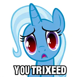 Size: 1024x1024 | Tagged: safe, ai content, derpibooru import, machine learning generated, novelai, stable diffusion, trixie, unicorn, caption, frown, hatless, horn, image, looking at you, meme, missing accessory, png, prompter:hazy skies, red eyes, show accurate, simple background, solo, text, vector, white background