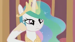 Size: 3840x2160 | Tagged: safe, artist:forgalorga, derpibooru import, part of a set, screencap, princess celestia, alicorn, pony, alicorn horn, canterlot castle, celestia is best princess (animation), celestia is not amused, celestia's crown, chestplate, crown, derpibooru exclusive, female, focus, glow, glowing horn, hooves, hooves on face, hooves up, horn, image, jewelry, long hair, long horn, long mane, magic, mare, multicolored mane, png, regalia, show accurate, solo, solo female, spanish description, sparkles, telekinesis, throne, throne room, unamused