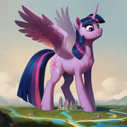 Size: 2048x2048 | Tagged: safe, ai content, derpibooru import, machine learning generated, prompter:krivovyaz, stable diffusion, twilight sparkle, twilight sparkle (alicorn), alicorn, pony, city, g4, generator:pony diffusion v6 xl, generator:purplesmart.ai, image, macro, png, river, smiling, smug, solo, spread wings, water, wings