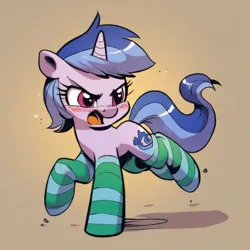 Size: 1024x1024 | Tagged: safe, ai content, derpibooru import, idw, machine learning generated, prompter:foxpony, stable diffusion, sea swirl, seafoam, pony, unicorn, blushing, clothes, g4, generator:pony diffusion v6 xl, horn, image, png, simple background, socks, solo, striped socks