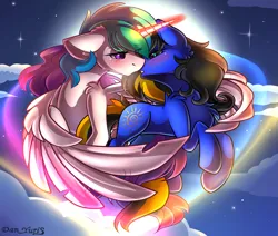Size: 2451x2080 | Tagged: safe, alternate version, artist:yuris, derpibooru import, princess celestia, oc, oc:destiny light, alicorn, pony, alternate character, blushing, clothes, duo, ears up, female, floppy ears, flying, full moon, image, imminent kissing, male, moon, night, png, scarf, shipping, sky, straight