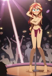 Size: 832x1216 | Tagged: prompter needed, source needed, suggestive, ai content, derpibooru import, machine learning generated, sunset shimmer, human, equestria girls, barefoot, blushing, clothes, covering, covering breasts, crying, drenched, feet, female, g4, handbra, image, jpeg, knees pressed together, legs apart, loincloth, partial nudity, pole dancing, solo, solo female, spotlight, stripper pole, topless, wet hair