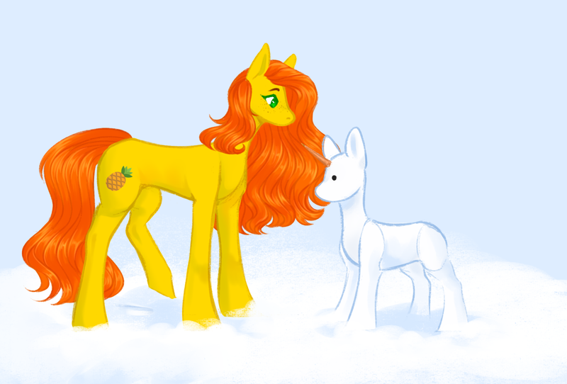 Size: 2040x1382 | Tagged: safe, derpibooru import, oc, oc:anna pine, unofficial characters only, earth pony, concave belly, food, freckles, height difference, image, pineapple, png, raised leg, simple background, slender, snow, snowpony, solo, thin