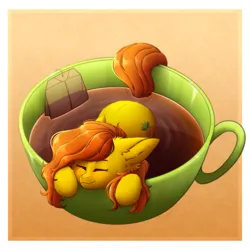 Size: 2900x2900 | Tagged: safe, artist:viryav, derpibooru import, oc, oc:anna pine, unofficial characters only, earth pony, pony, cup, cup of pony, eyes closed, food, freckles, gradient background, image, micro, png, ponies in food, smiling, solo, tea, teacup