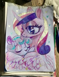 Size: 2737x3593 | Tagged: safe, artist:radfrankie, derpibooru import, princess cadance, princess flurry heart, alicorn, pony, baby, baby pony, duo, duo female, eyes closed, female, filly, foal, high res, holding a pony, image, jpeg, lidded eyes, mare, mother and child, mother and daughter, smiling, traditional art