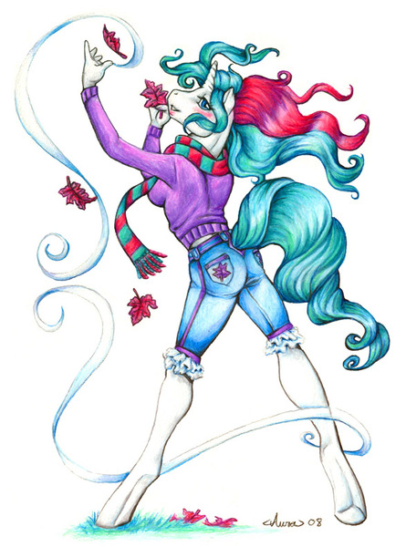 Size: 587x792 | Tagged: safe, artist:auradeva, derpibooru import, gusty, anthro, unguligrade anthro, unicorn, g1, ass, butt, clothes, denim, denim shorts, female, horn, image, jpeg, leaf, looking back, scarf, shorts, simple background, solo, sweater, traditional art, white background, wind, windswept mane