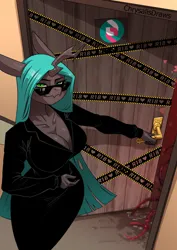 Size: 848x1200 | Tagged: suggestive, artist:chrysalisdraws, derpibooru import, queen chrysalis, anthro, changeling, changeling queen, unguligrade anthro, breasts, busty queen chrysalis, censored, cleavage, clothes, door, female, glasses, image, looking at you, png, solo, solo female, sunglasses, tentacle porn, tentacles