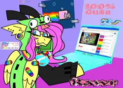 Size: 960x687 | Tagged: safe, artist:beetalz, derpibooru import, fluttershy, pegasus, pony, antonymph, computer, cutiemarks (and the things that bind us), gir, image, invader zim, laptop computer, nyan cat, png, smiling, vylet pony