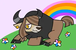 Size: 1459x969 | Tagged: safe, artist:beetalz, derpibooru import, oc, oc:shunks, yak, female, grass, image, pink sky, png, rainbow, smiling, solo, yak oc