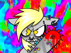 Size: 1600x1200 | Tagged: semi-grimdark, artist:beetalz, derpibooru import, derpy hooves, pony, abstract background, angry, blood, frown, image, looking at you, png, scenecore, solo