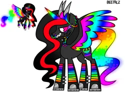 Size: 1634x1200 | Tagged: safe, artist:beetalz, derpibooru import, oc, oc:princess neon boom, alicorn, pony, alicorn oc, colored horn, colored wings, grin, horn, image, long hair, multicolored wings, png, rainbow horn, rainbow tail, rainbow wings, smiling, solo, tail, wings