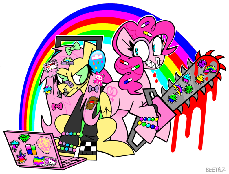 Size: 1613x1223 | Tagged: safe, artist:beetalz, derpibooru import, fluttershy, pinkie pie, pony, antonymph, blood, chainsaw, computer, duo, duo female, female, grin, headphones, image, laptop computer, png, rainbow, scenecore, smiling, vylet pony